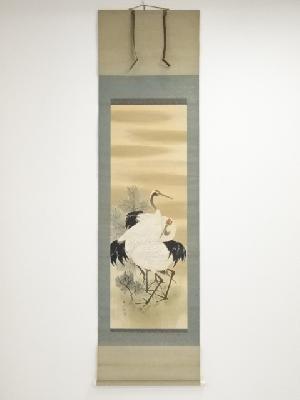 昭和10（1935）年　河崎墨渓筆　若松鶴　肉筆絹本掛軸（共箱）